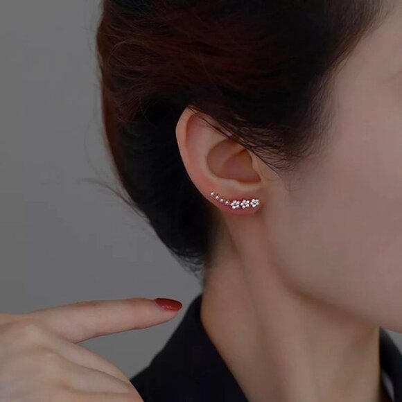 Cherry Blossom Diamond Climber/Crawler Floral Gold Dainty Wedding Gift Earrings - Picture 3 of 8